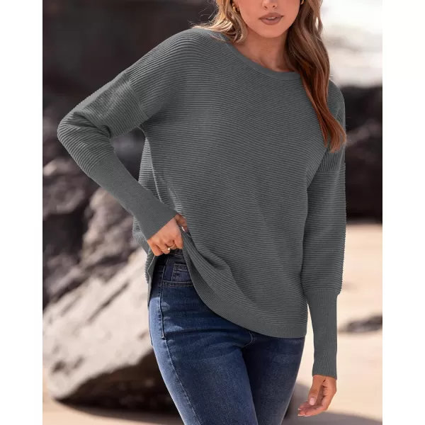 imageBTFBM Casual Women 2024 Fall Sweater Long Sleeve Ribbed Knit Pullover Loose Crewneck Batwing Split SweaterSolid Dark Grey