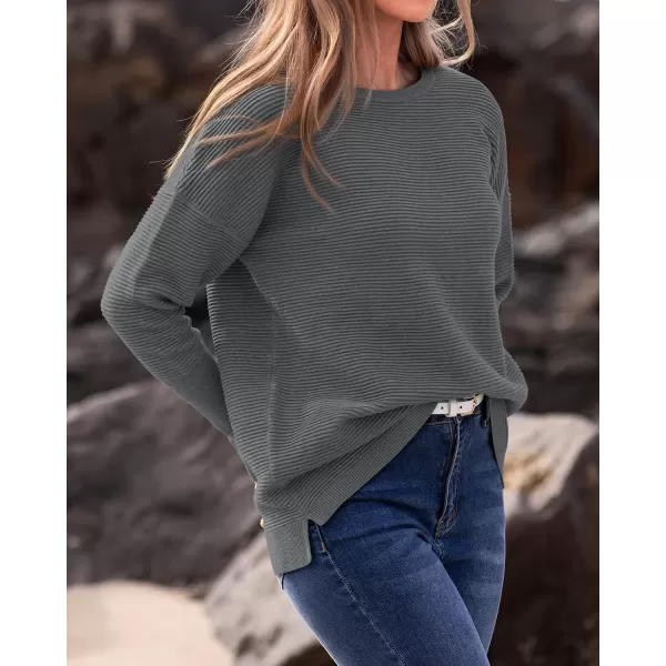 imageBTFBM Casual Women 2024 Fall Sweater Long Sleeve Ribbed Knit Pullover Loose Crewneck Batwing Split SweaterSolid Dark Grey