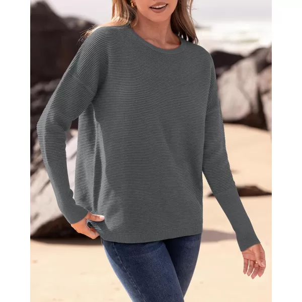 imageBTFBM Casual Women 2024 Fall Sweater Long Sleeve Ribbed Knit Pullover Loose Crewneck Batwing Split SweaterSolid Dark Grey