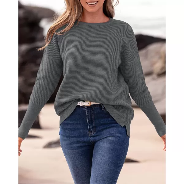 imageBTFBM Casual Women 2024 Fall Sweater Long Sleeve Ribbed Knit Pullover Loose Crewneck Batwing Split SweaterSolid Dark Grey