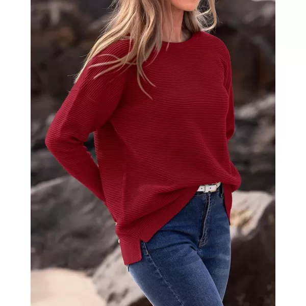 imageBTFBM Casual Women 2024 Fall Sweater Long Sleeve Ribbed Knit Pullover Loose Crewneck Batwing Split SweaterSolid Dark Red