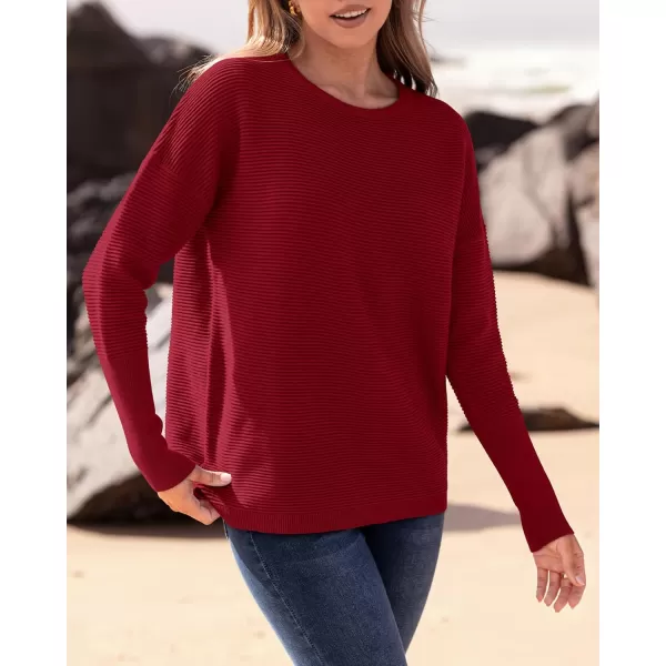 imageBTFBM Casual Women 2024 Fall Sweater Long Sleeve Ribbed Knit Pullover Loose Crewneck Batwing Split SweaterSolid Dark Red