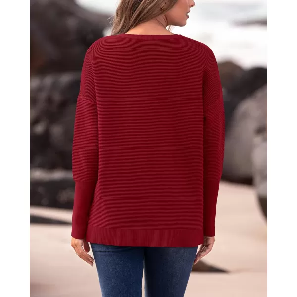imageBTFBM Casual Women 2024 Fall Sweater Long Sleeve Ribbed Knit Pullover Loose Crewneck Batwing Split SweaterSolid Dark Red
