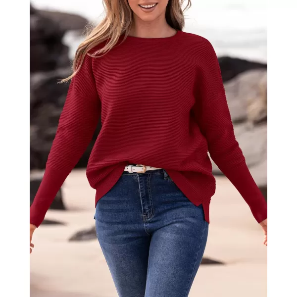 imageBTFBM Casual Women 2024 Fall Sweater Long Sleeve Ribbed Knit Pullover Loose Crewneck Batwing Split SweaterSolid Dark Red