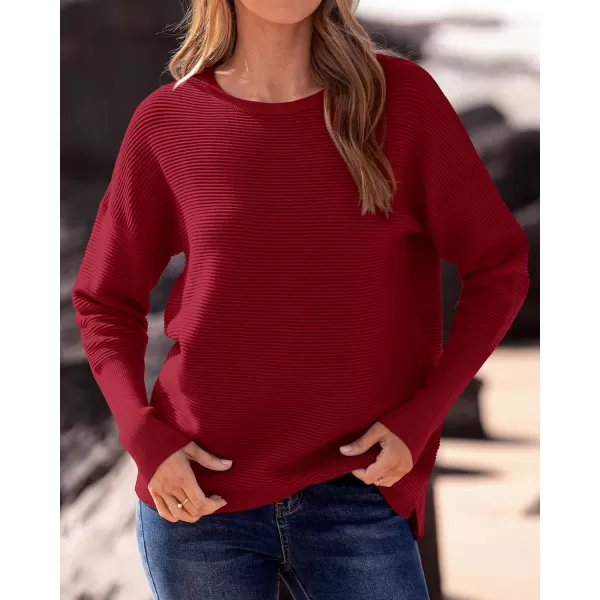 imageBTFBM Casual Women 2024 Fall Sweater Long Sleeve Ribbed Knit Pullover Loose Crewneck Batwing Split SweaterSolid Dark Red