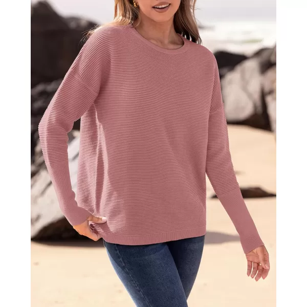 imageBTFBM Casual Women 2024 Fall Sweater Long Sleeve Ribbed Knit Pullover Loose Crewneck Batwing Split SweaterSolid Dusty Pink