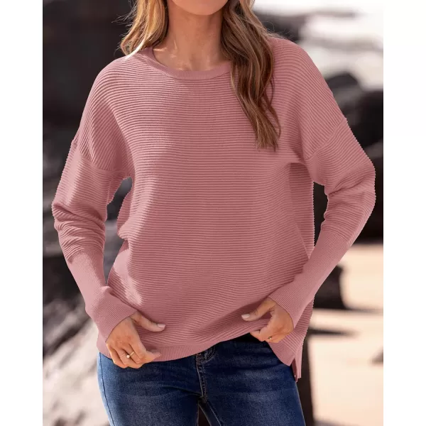 imageBTFBM Casual Women 2024 Fall Sweater Long Sleeve Ribbed Knit Pullover Loose Crewneck Batwing Split SweaterSolid Dusty Pink