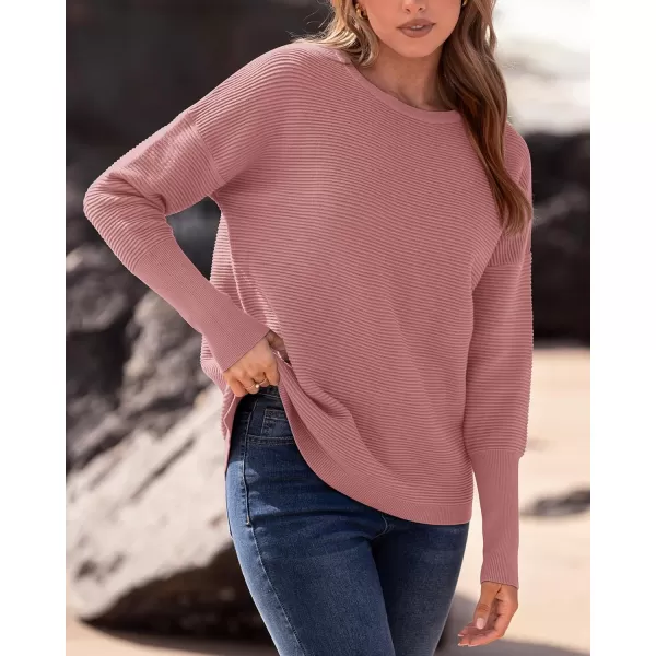 imageBTFBM Casual Women 2024 Fall Sweater Long Sleeve Ribbed Knit Pullover Loose Crewneck Batwing Split SweaterSolid Dusty Pink
