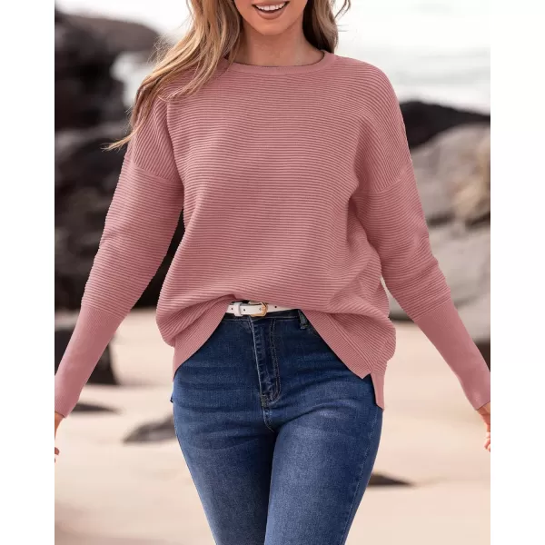 imageBTFBM Casual Women 2024 Fall Sweater Long Sleeve Ribbed Knit Pullover Loose Crewneck Batwing Split SweaterSolid Dusty Pink