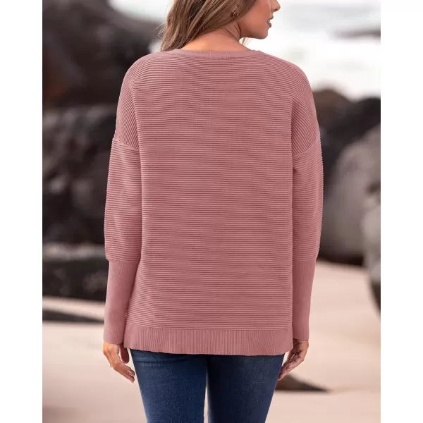 imageBTFBM Casual Women 2024 Fall Sweater Long Sleeve Ribbed Knit Pullover Loose Crewneck Batwing Split SweaterSolid Dusty Pink