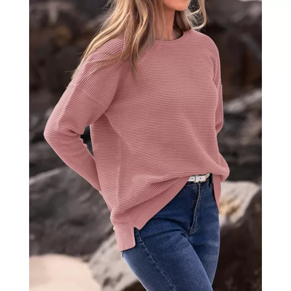 imageBTFBM Casual Women 2024 Fall Sweater Long Sleeve Ribbed Knit Pullover Loose Crewneck Batwing Split SweaterSolid Dusty Pink