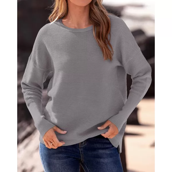 imageBTFBM Casual Women 2024 Fall Sweater Long Sleeve Ribbed Knit Pullover Loose Crewneck Batwing Split SweaterSolid Grey