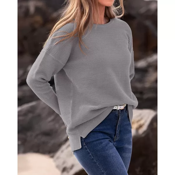 imageBTFBM Casual Women 2024 Fall Sweater Long Sleeve Ribbed Knit Pullover Loose Crewneck Batwing Split SweaterSolid Grey