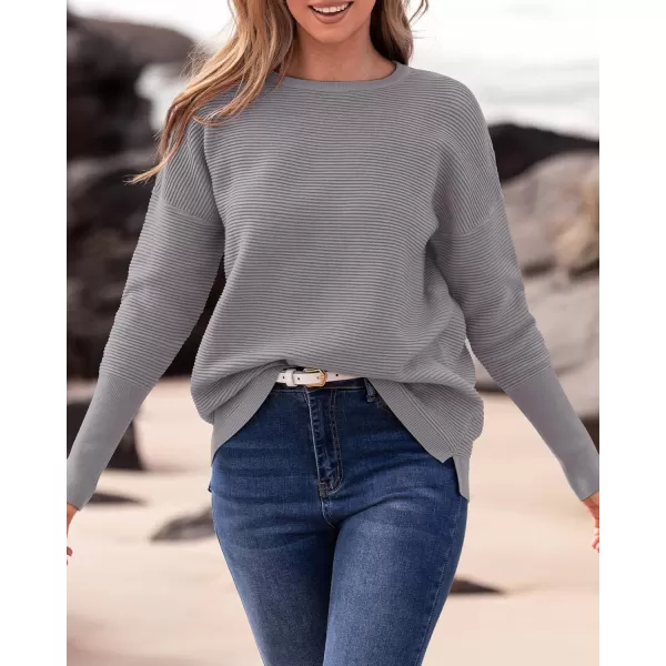 imageBTFBM Casual Women 2024 Fall Sweater Long Sleeve Ribbed Knit Pullover Loose Crewneck Batwing Split SweaterSolid Grey