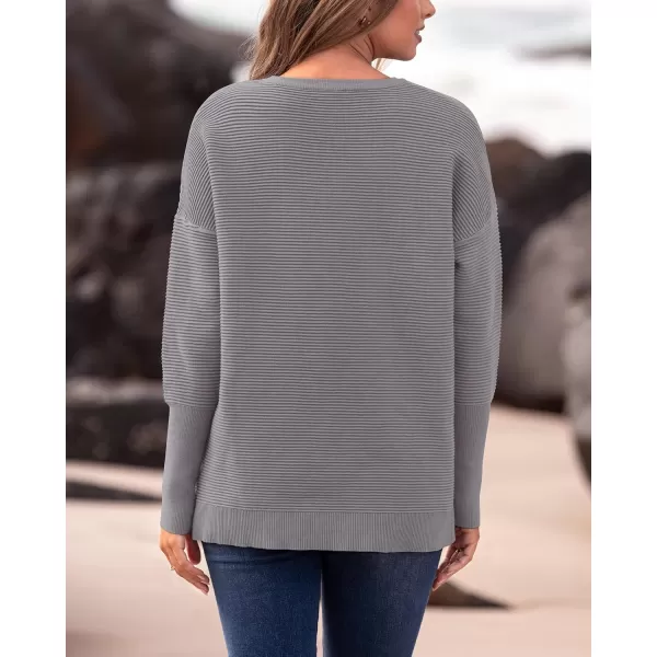 imageBTFBM Casual Women 2024 Fall Sweater Long Sleeve Ribbed Knit Pullover Loose Crewneck Batwing Split SweaterSolid Grey