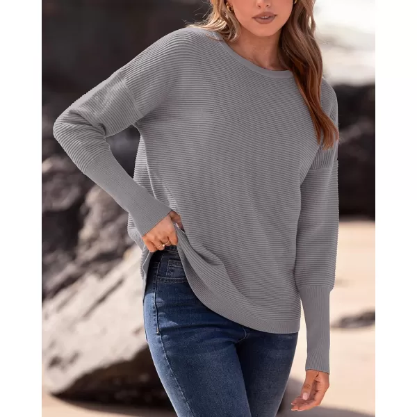 imageBTFBM Casual Women 2024 Fall Sweater Long Sleeve Ribbed Knit Pullover Loose Crewneck Batwing Split SweaterSolid Grey