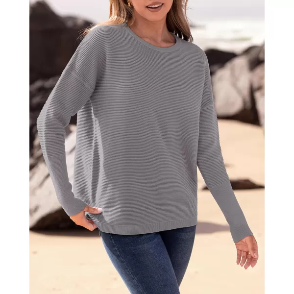 imageBTFBM Casual Women 2024 Fall Sweater Long Sleeve Ribbed Knit Pullover Loose Crewneck Batwing Split SweaterSolid Grey