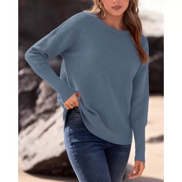 imageBTFBM Casual Women 2024 Fall Sweater Long Sleeve Ribbed Knit Pullover Loose Crewneck Batwing Split SweaterSolid Grey Blue
