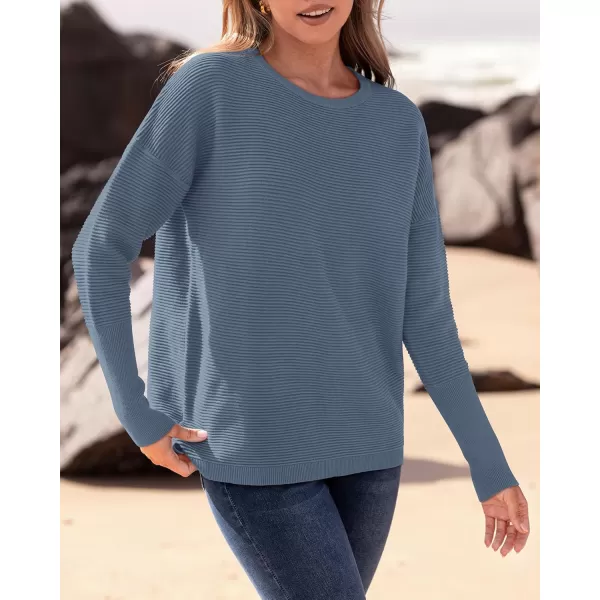 imageBTFBM Casual Women 2024 Fall Sweater Long Sleeve Ribbed Knit Pullover Loose Crewneck Batwing Split SweaterSolid Grey Blue