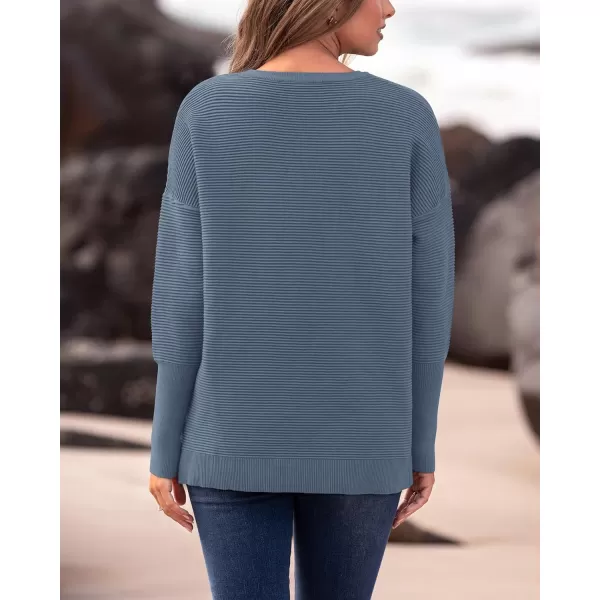 imageBTFBM Casual Women 2024 Fall Sweater Long Sleeve Ribbed Knit Pullover Loose Crewneck Batwing Split SweaterSolid Grey Blue