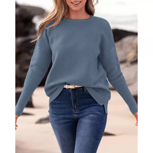 imageBTFBM Casual Women 2024 Fall Sweater Long Sleeve Ribbed Knit Pullover Loose Crewneck Batwing Split SweaterSolid Grey Blue