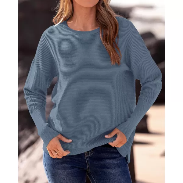 imageBTFBM Casual Women 2024 Fall Sweater Long Sleeve Ribbed Knit Pullover Loose Crewneck Batwing Split SweaterSolid Grey Blue