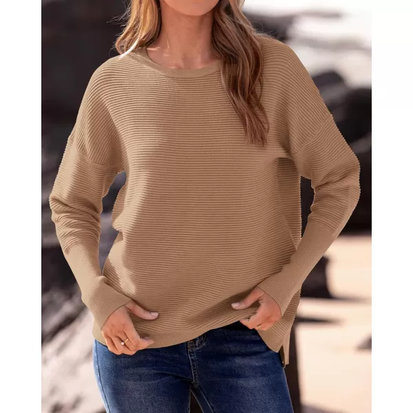 imageBTFBM Casual Women 2024 Fall Sweater Long Sleeve Ribbed Knit Pullover Loose Crewneck Batwing Split SweaterSolid Khaki