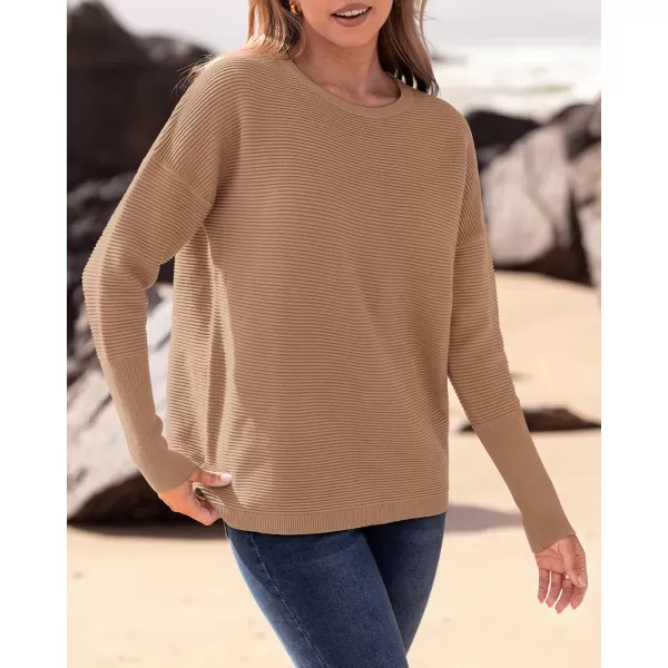 imageBTFBM Casual Women 2024 Fall Sweater Long Sleeve Ribbed Knit Pullover Loose Crewneck Batwing Split SweaterSolid Khaki
