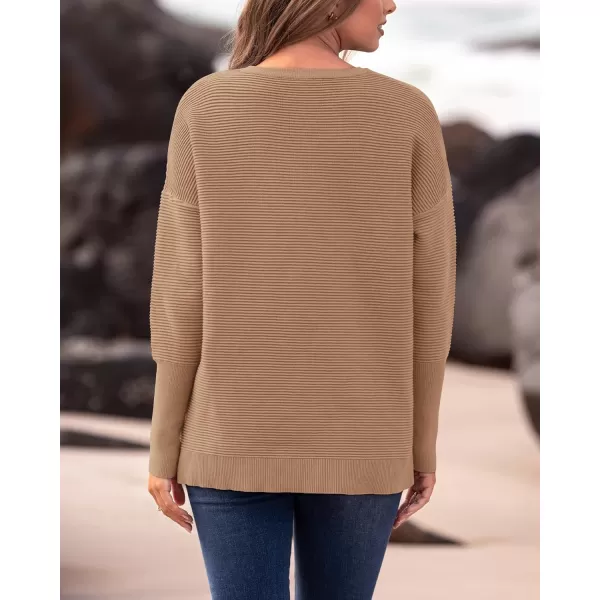 imageBTFBM Casual Women 2024 Fall Sweater Long Sleeve Ribbed Knit Pullover Loose Crewneck Batwing Split SweaterSolid Khaki