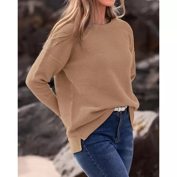 imageBTFBM Casual Women 2024 Fall Sweater Long Sleeve Ribbed Knit Pullover Loose Crewneck Batwing Split SweaterSolid Khaki