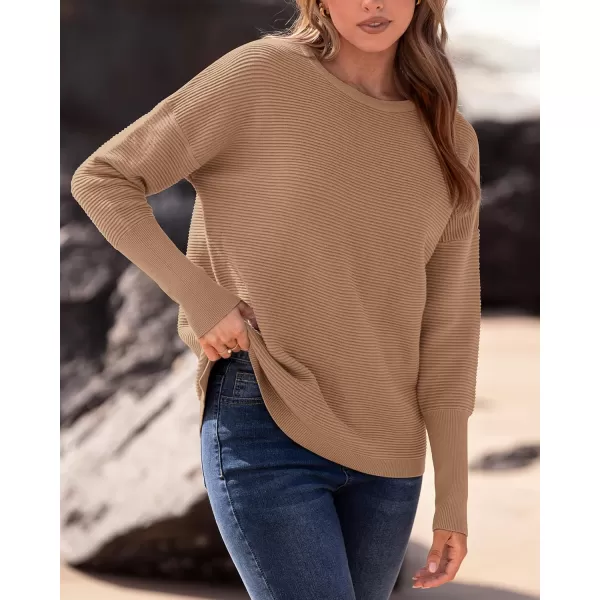 imageBTFBM Casual Women 2024 Fall Sweater Long Sleeve Ribbed Knit Pullover Loose Crewneck Batwing Split SweaterSolid Khaki