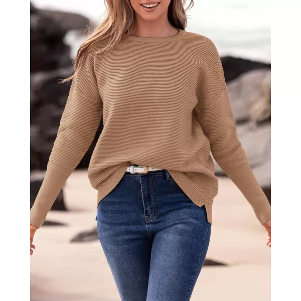 imageBTFBM Casual Women 2024 Fall Sweater Long Sleeve Ribbed Knit Pullover Loose Crewneck Batwing Split SweaterSolid Khaki