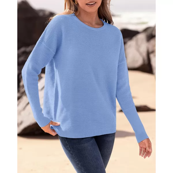 imageBTFBM Casual Women 2024 Fall Sweater Long Sleeve Ribbed Knit Pullover Loose Crewneck Batwing Split SweaterSolid Light Blue