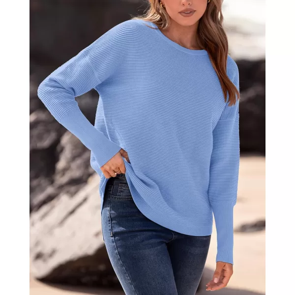 imageBTFBM Casual Women 2024 Fall Sweater Long Sleeve Ribbed Knit Pullover Loose Crewneck Batwing Split SweaterSolid Light Blue