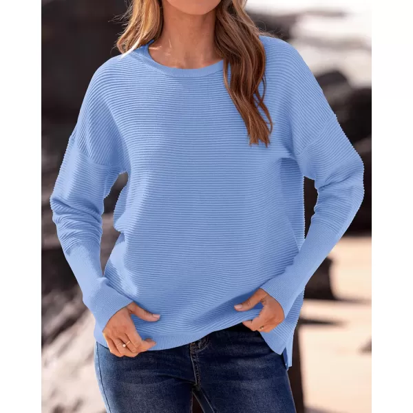 imageBTFBM Casual Women 2024 Fall Sweater Long Sleeve Ribbed Knit Pullover Loose Crewneck Batwing Split SweaterSolid Light Blue