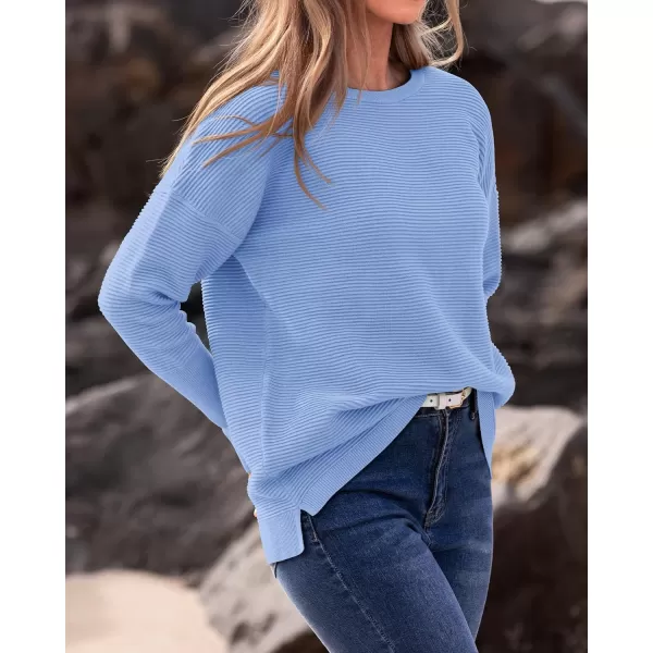 imageBTFBM Casual Women 2024 Fall Sweater Long Sleeve Ribbed Knit Pullover Loose Crewneck Batwing Split SweaterSolid Light Blue