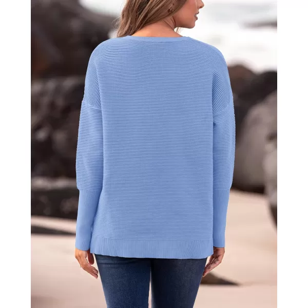 imageBTFBM Casual Women 2024 Fall Sweater Long Sleeve Ribbed Knit Pullover Loose Crewneck Batwing Split SweaterSolid Light Blue