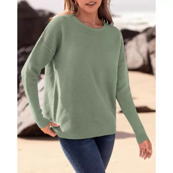 imageBTFBM Casual Women 2024 Fall Sweater Long Sleeve Ribbed Knit Pullover Loose Crewneck Batwing Split SweaterSolid Light Green
