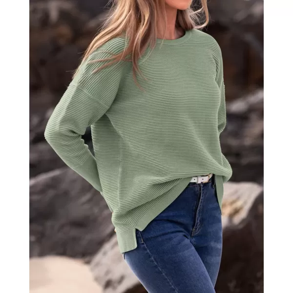 imageBTFBM Casual Women 2024 Fall Sweater Long Sleeve Ribbed Knit Pullover Loose Crewneck Batwing Split SweaterSolid Light Green