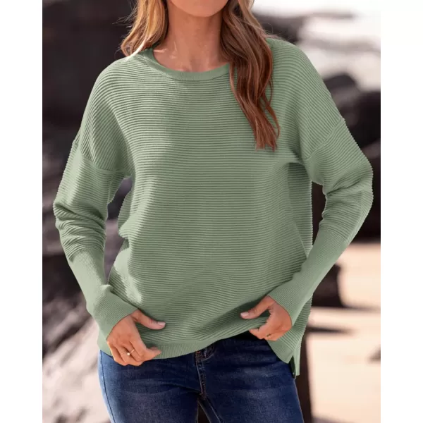 imageBTFBM Casual Women 2024 Fall Sweater Long Sleeve Ribbed Knit Pullover Loose Crewneck Batwing Split SweaterSolid Light Green
