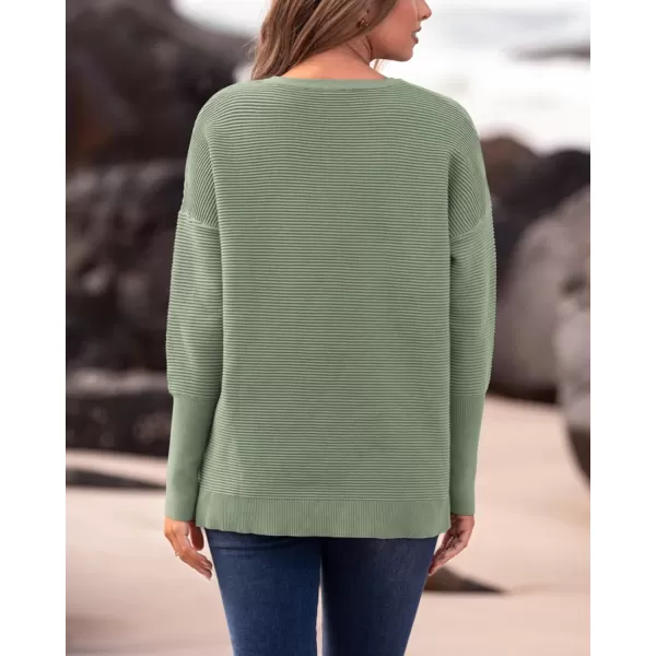 imageBTFBM Casual Women 2024 Fall Sweater Long Sleeve Ribbed Knit Pullover Loose Crewneck Batwing Split SweaterSolid Light Green