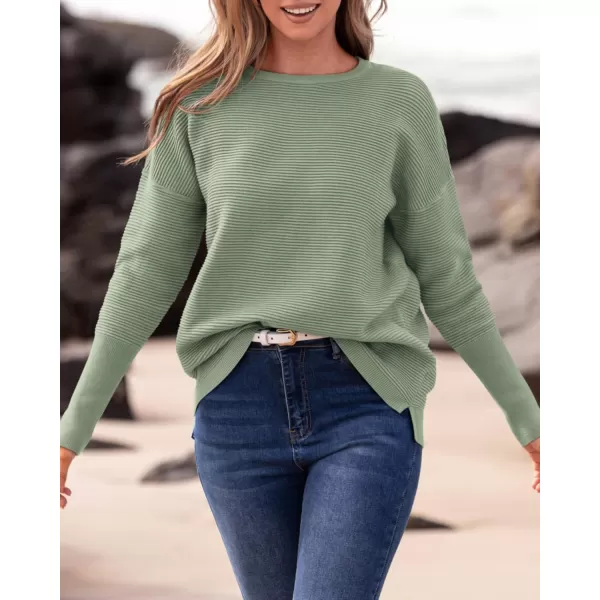 imageBTFBM Casual Women 2024 Fall Sweater Long Sleeve Ribbed Knit Pullover Loose Crewneck Batwing Split SweaterSolid Light Green