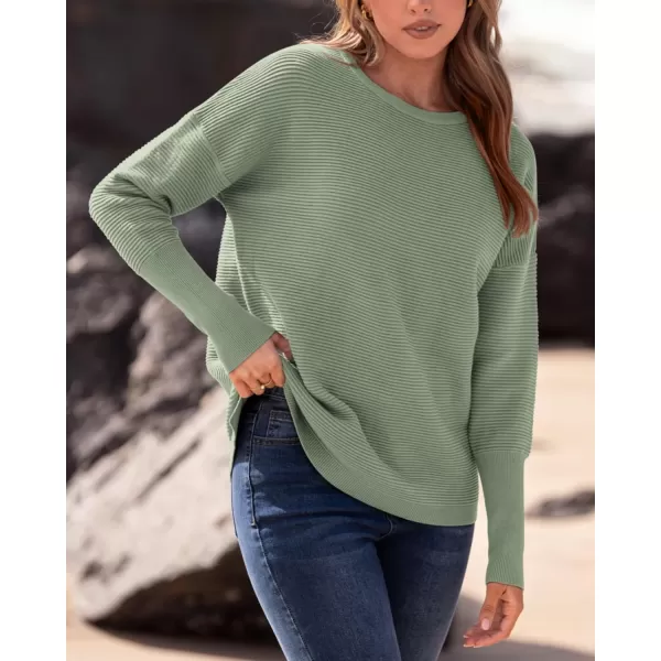 imageBTFBM Casual Women 2024 Fall Sweater Long Sleeve Ribbed Knit Pullover Loose Crewneck Batwing Split SweaterSolid Light Green