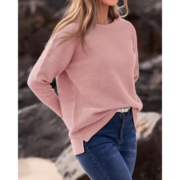 imageBTFBM Casual Women 2024 Fall Sweater Long Sleeve Ribbed Knit Pullover Loose Crewneck Batwing Split SweaterSolid Light Pink