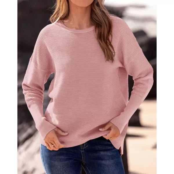 imageBTFBM Casual Women 2024 Fall Sweater Long Sleeve Ribbed Knit Pullover Loose Crewneck Batwing Split SweaterSolid Light Pink