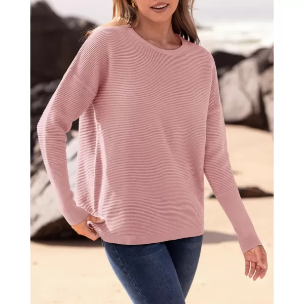 imageBTFBM Casual Women 2024 Fall Sweater Long Sleeve Ribbed Knit Pullover Loose Crewneck Batwing Split SweaterSolid Light Pink