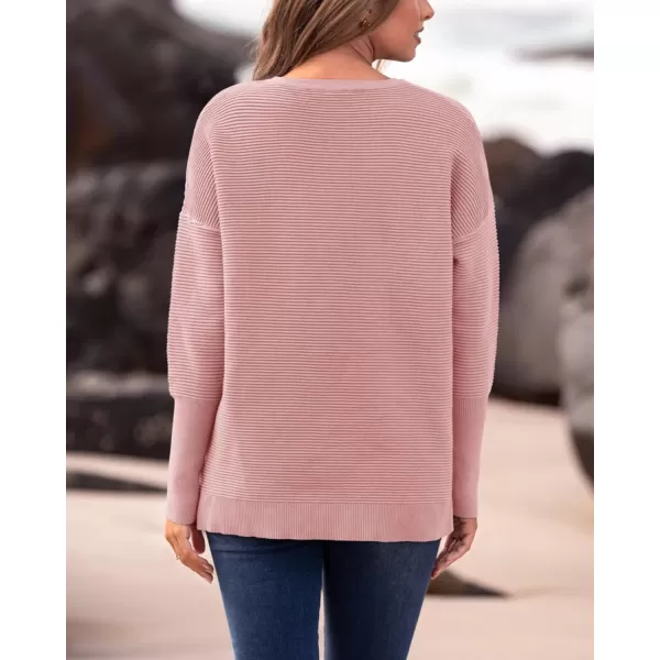 imageBTFBM Casual Women 2024 Fall Sweater Long Sleeve Ribbed Knit Pullover Loose Crewneck Batwing Split SweaterSolid Light Pink