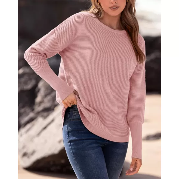 imageBTFBM Casual Women 2024 Fall Sweater Long Sleeve Ribbed Knit Pullover Loose Crewneck Batwing Split SweaterSolid Light Pink