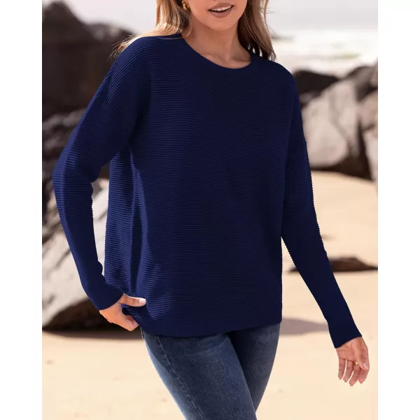 imageBTFBM Casual Women 2024 Fall Sweater Long Sleeve Ribbed Knit Pullover Loose Crewneck Batwing Split SweaterSolid Navy