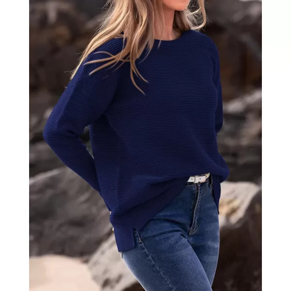 imageBTFBM Casual Women 2024 Fall Sweater Long Sleeve Ribbed Knit Pullover Loose Crewneck Batwing Split SweaterSolid Navy